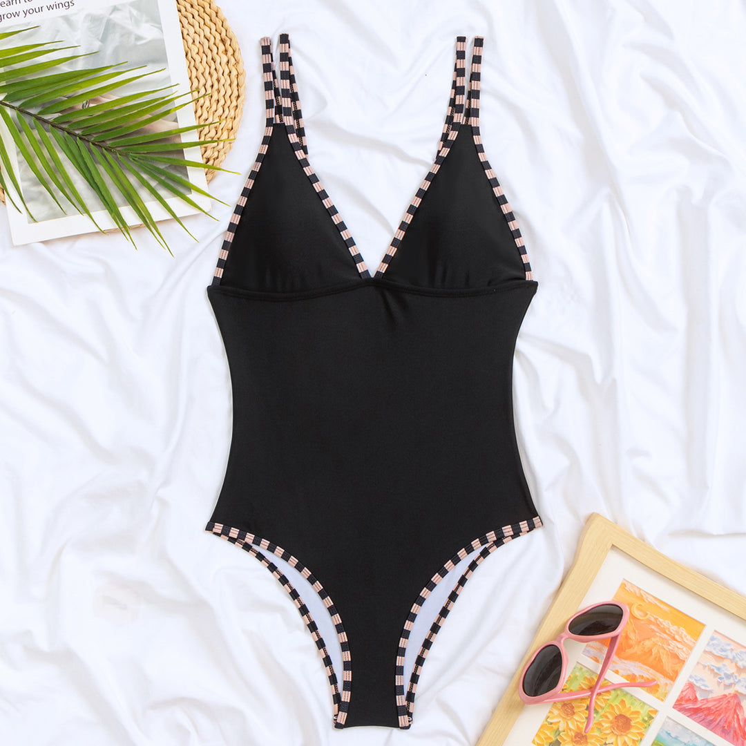 Damen eleganter Einteiler Badeanzug mit modischem V-Ausschnitt und stylischen Streifen Drune