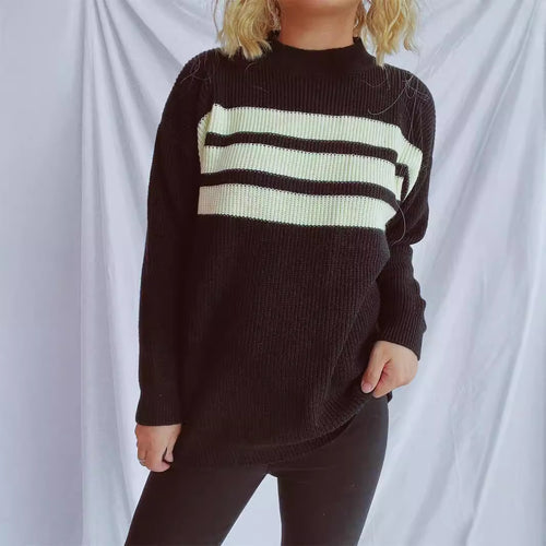Damen lässiger Strickpullover mit horizontalen Streifen und Oversized-Schnitt Drune