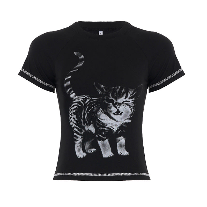Damen T-Shirt mit kreativem Katzenmotiv und sportlichem Schnitt Drune