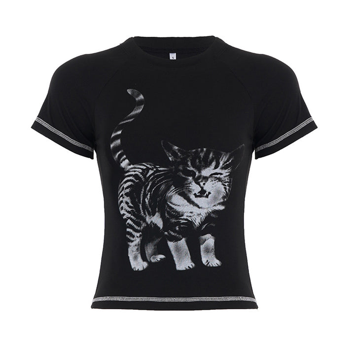 Damen T-Shirt mit kreativem Katzenmotiv und sportlichem Schnitt Drune