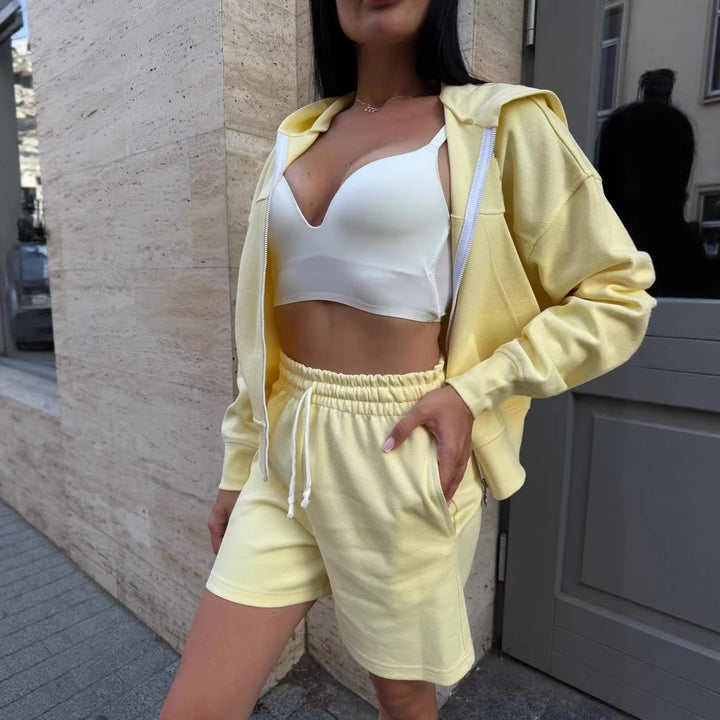 Damen Sommerliches Sport-Lounge-Set mit Kapuzenjacke und Shorts Drune