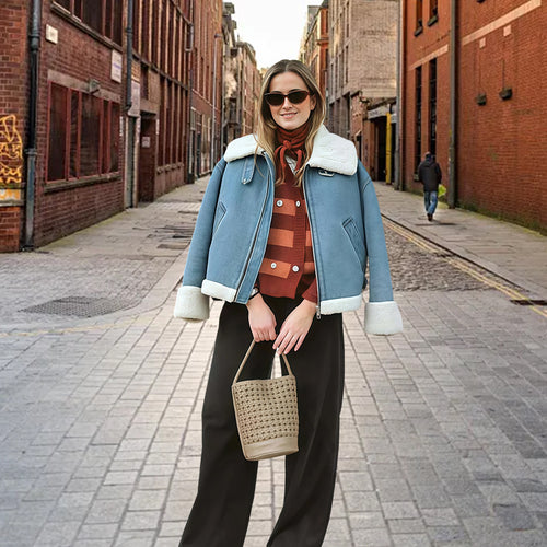 Damen modische Denimjacke mit Fellkragen und oversized Schnitt Drune