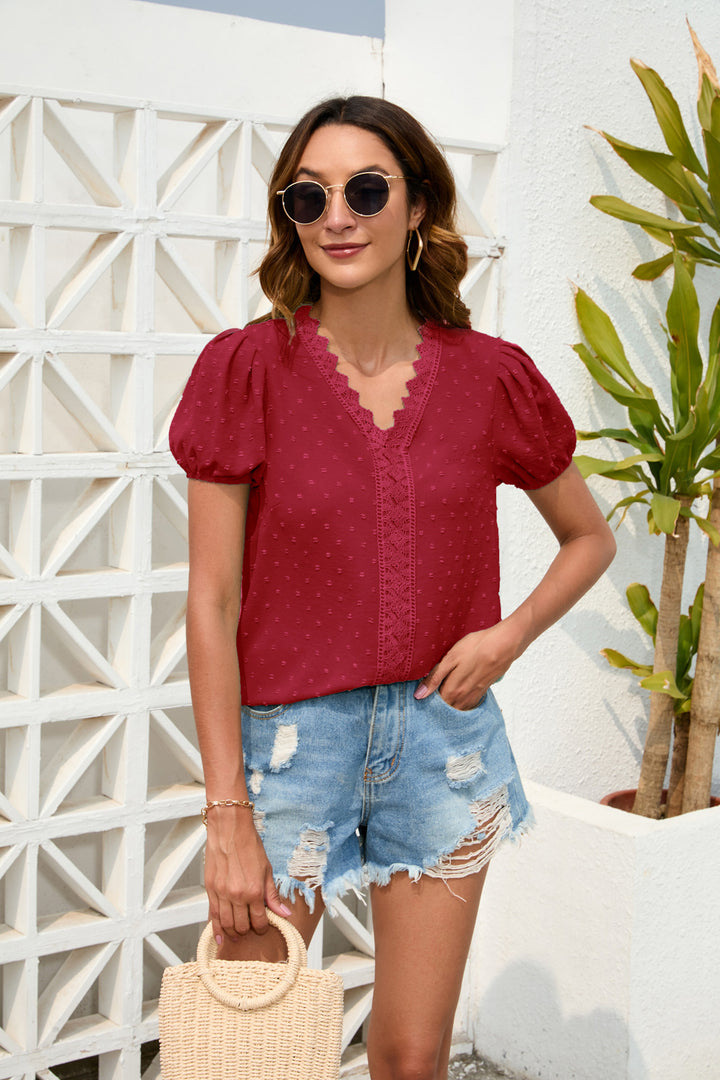 Damen Blusenshirt mit apartem Häkelkragen und modischen Puffärmeln Drune