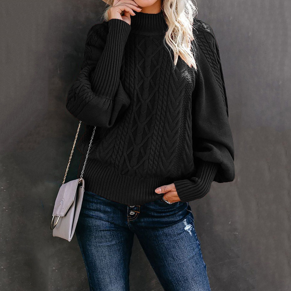 Damen Strickpullover mit hohem Kragen und Flechtmuster Drune