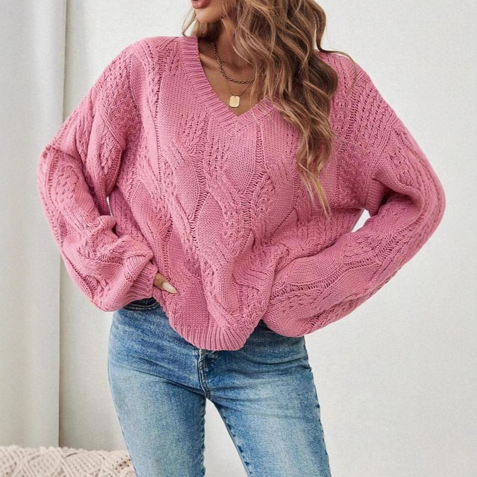 Damen Grobstrickpullover mit modischem V-Ausschnitt und strukturiertem Design Drune