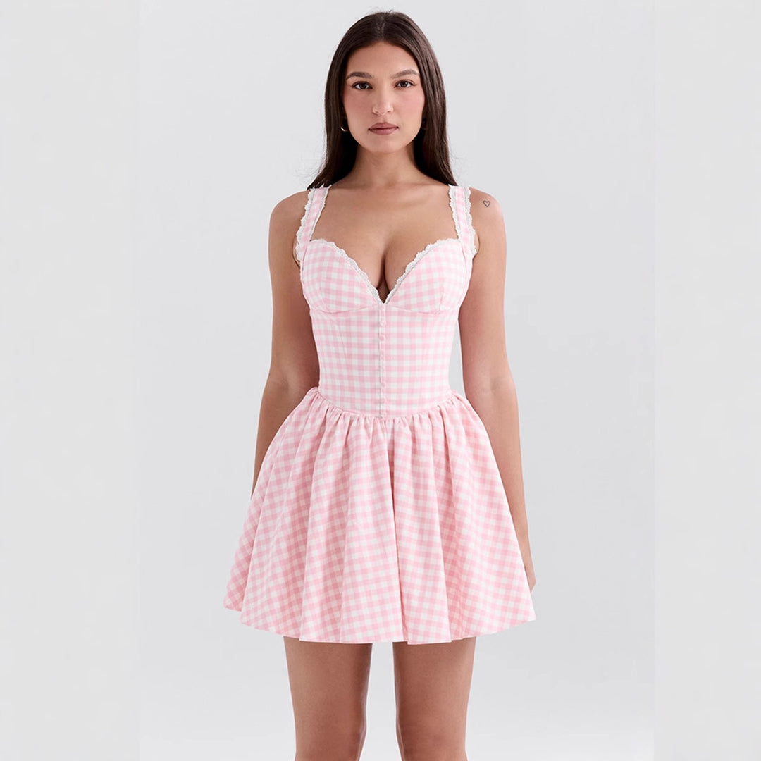 Damen V-Schnitt Minikleid mit Rüschendetails und Karomuster Drune