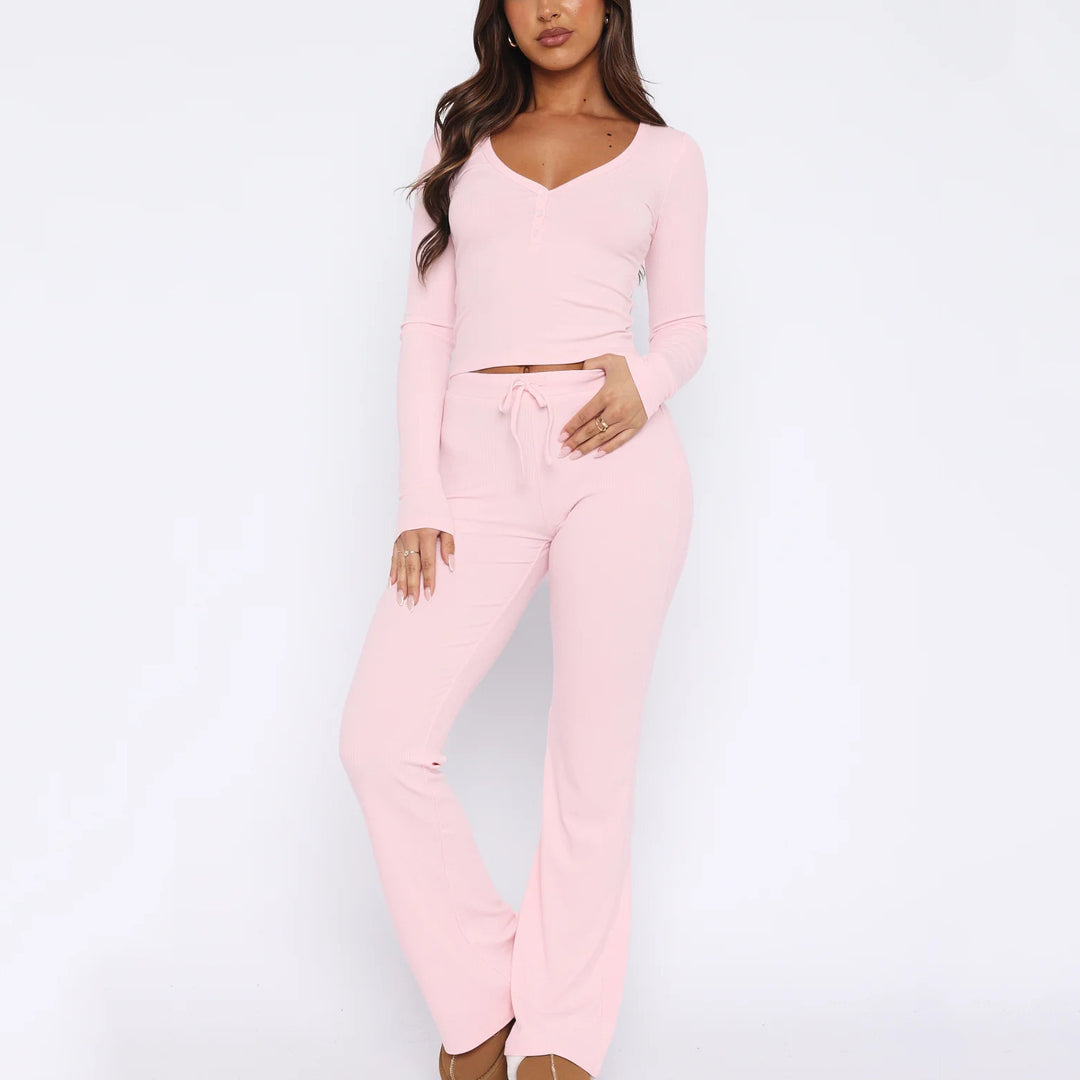 Damen gemütliches Lounge-Set mit langem Oberteil und flared Hose Drune