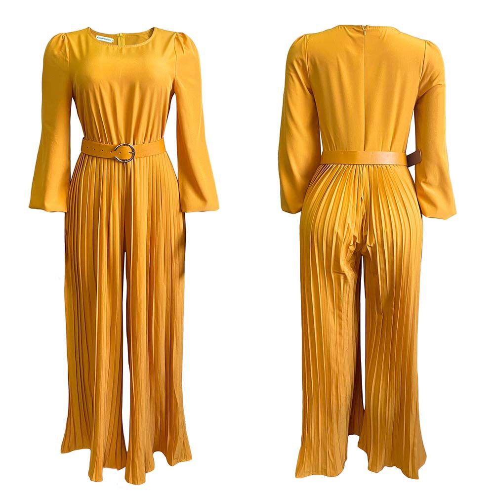 Damen Plissee Jumpsuit mit elegantem Gürtel und weit ausgestellten Ärmeln Drune