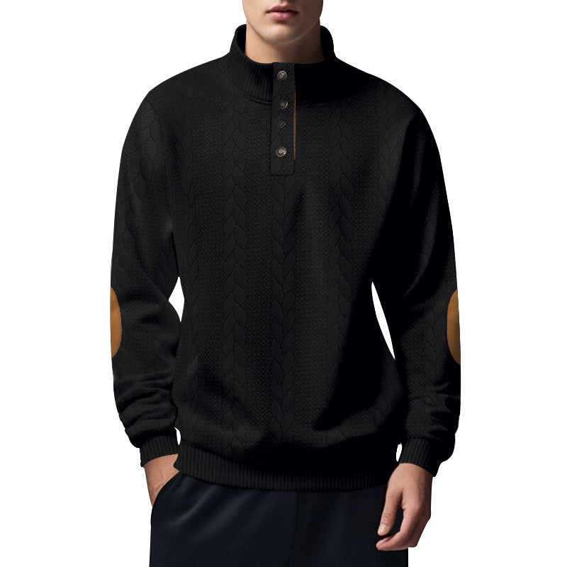Herren nan strukturiertes Kabelstrick-Henley-Pullover mit Stehkragen und Ellbogenpatches Drune