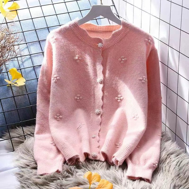 Damen kuschelige Strickjacke mit Blumenapplikationen Drune