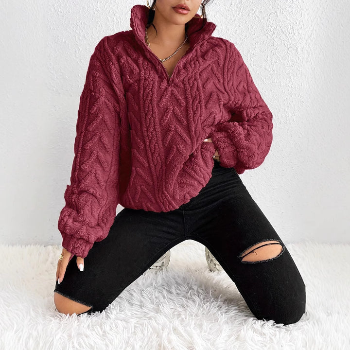 Damen Flauschiger Oversized-Pullover mit Zipper und Rippstruktur Drune