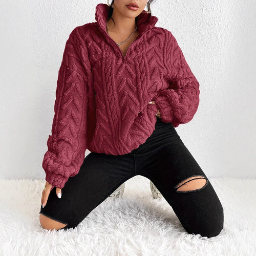 Damen Flauschiger Oversized-Pullover mit Zipper und Rippstruktur Drune