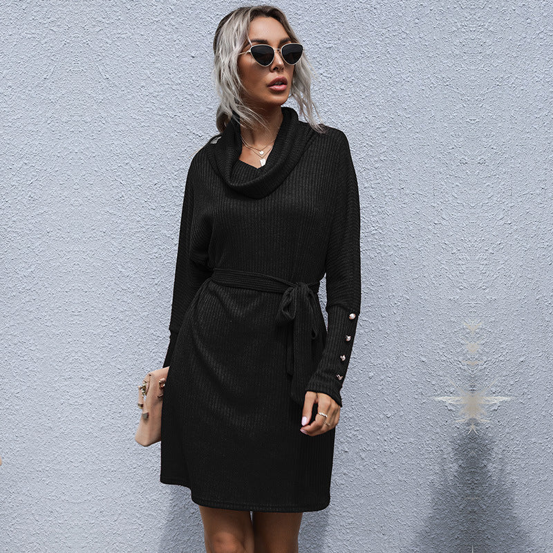 Damen Strickkleid mit weitem Kragen und tailliertem Gurt Drune
