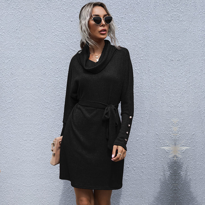 Damen Strickkleid mit weitem Kragen und tailliertem Gurt Drune