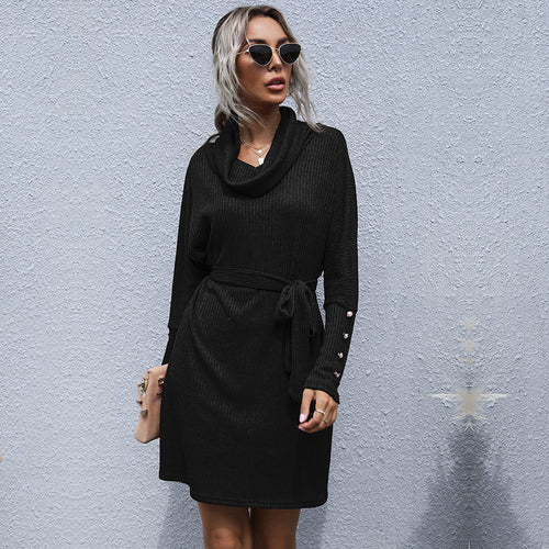 Damen Strickkleid mit weitem Kragen und tailliertem Gurt Drune