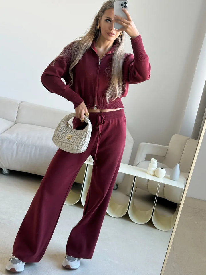 Damen lockerer Strick-Loungewear-Anzug mit hohem Kragen Drune