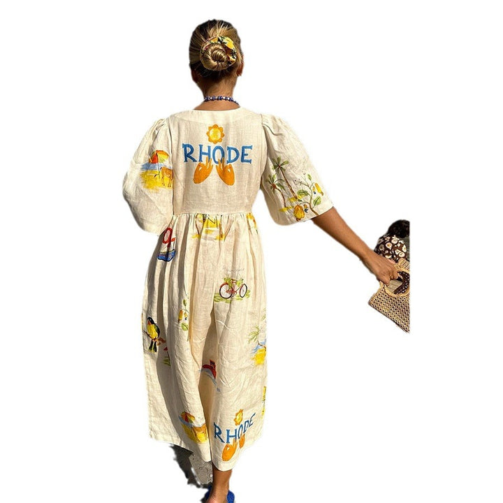 Damen lockeres Leinenkleid mit buntem floralen Druck und einzigartigen Knopfdetails Drune
