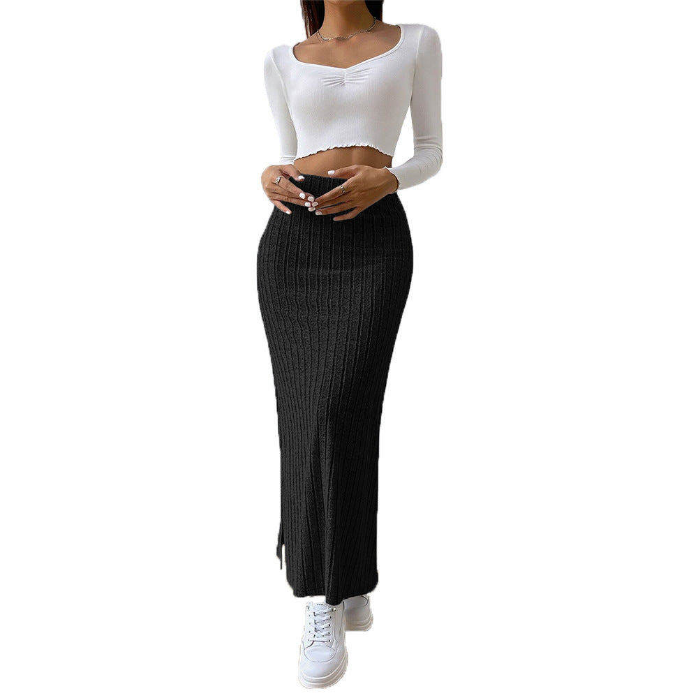 Damen Langer Strickrock mit diagonalen Rippen und hohem Bund Drune