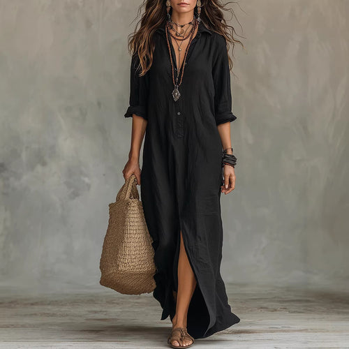 Damen Langes Hemdkleid mit Knopfverschluss und seitlichem Schlitz Drune
