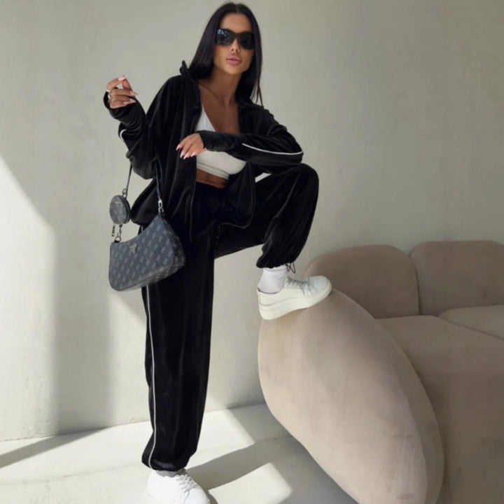 Damen modisches und vielseitiges Velours-Sportoutfit mit Reißverschluss Drune