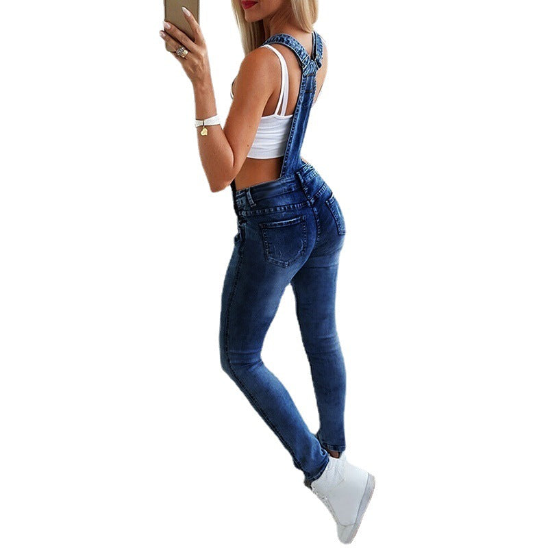 Damen Jeans-Latzhose mit modischen Zerstörungen und verstellbaren Trägern Drune