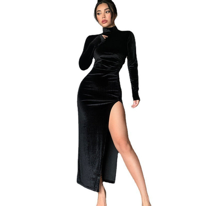 Damen Elegantes Langarm-Wickelkleid aus weichem Veloursstoff mit hohem Schlitz Drune