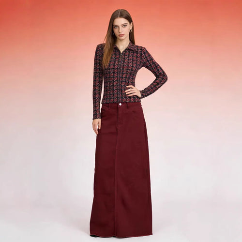 Damen nan langer High-Waist Denim-Maxirock mit gerader Silhouette und rohem Saum Drune
