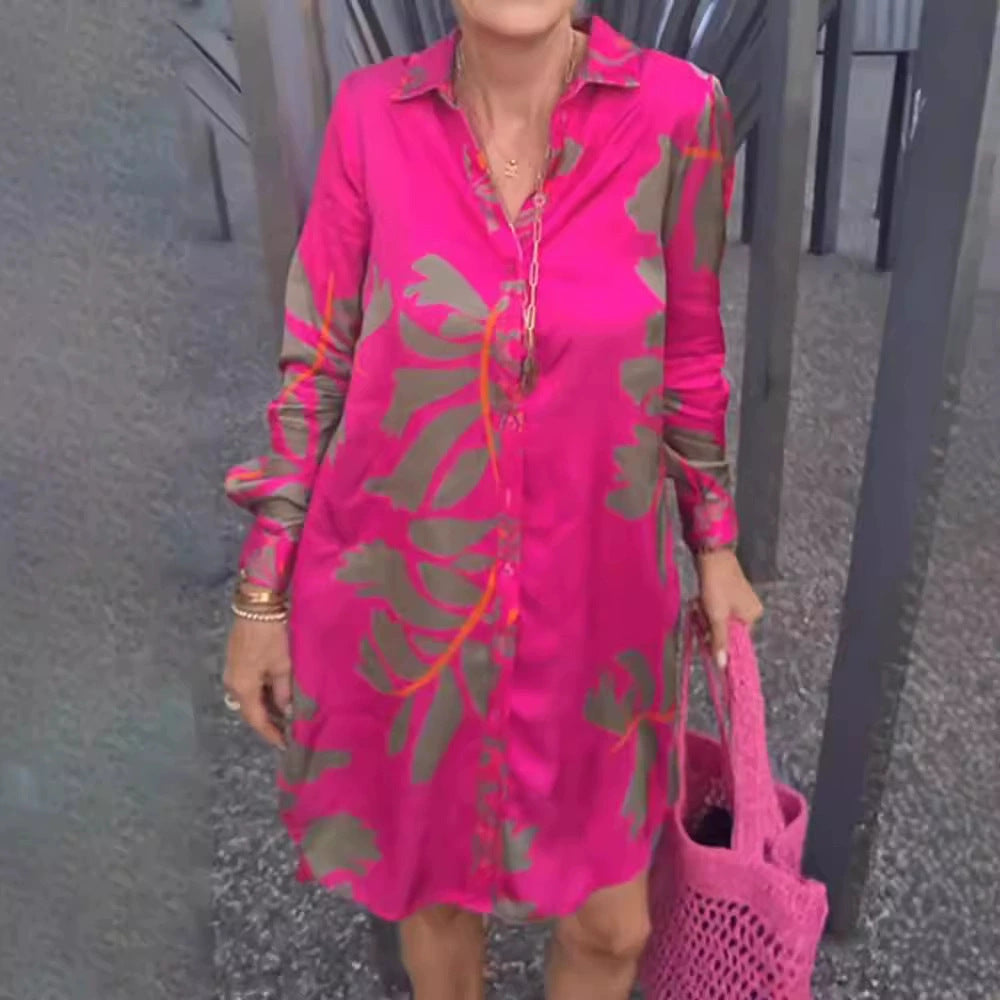Damen nan kurzes Tunika-Hemdkleid in Satinoptik mit großflächigem Blattprint, Hemdkragen und lockerer A-Linie Drune