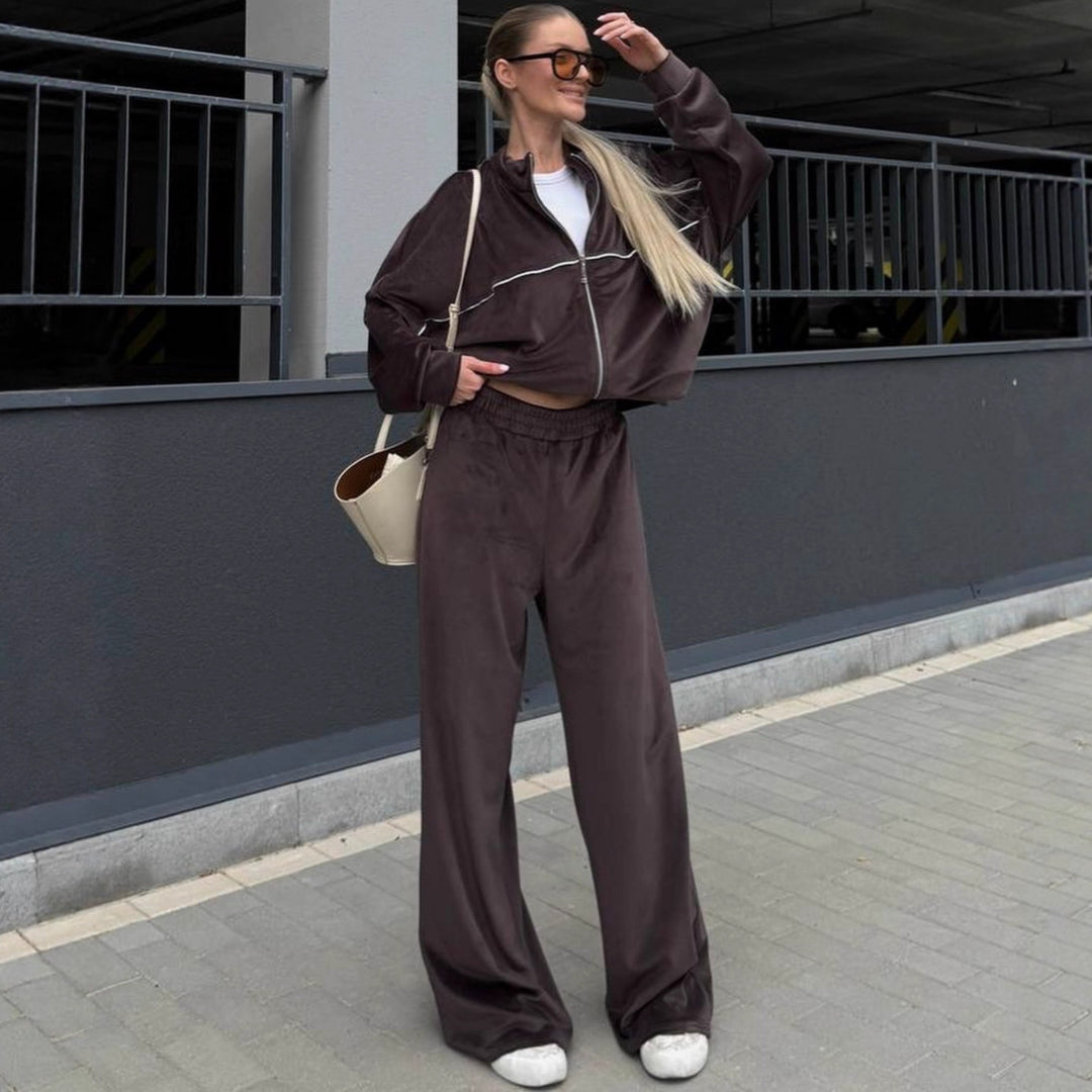 Damen sportlicher Velours-Loungewear-Anzug mit weitem Schnitt und elastischem Bund Drune