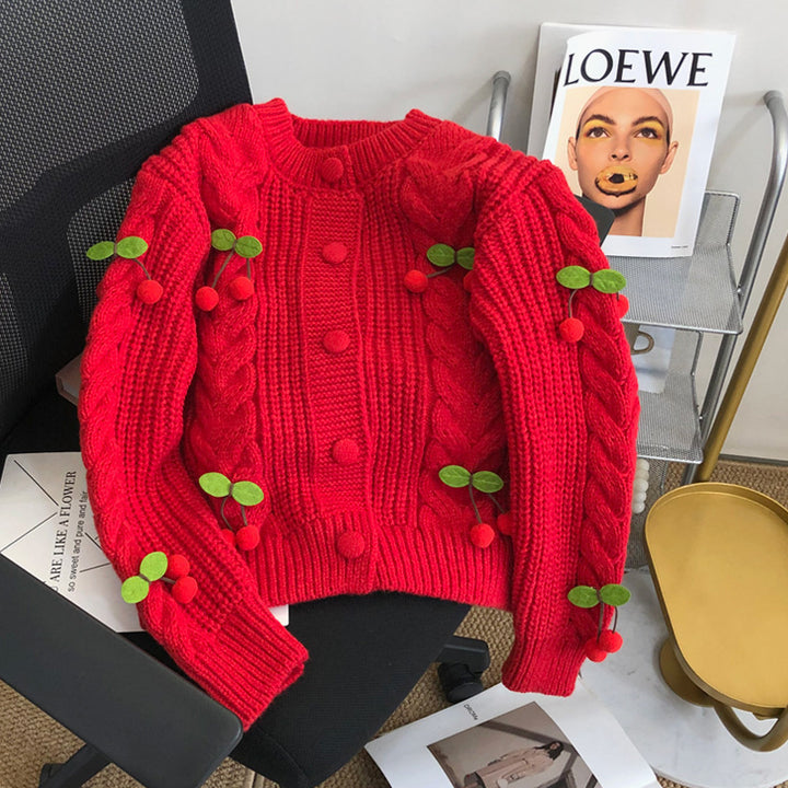 Damen Grobstrickpullover mit floralen Applikationen und Knopfdetails Drune