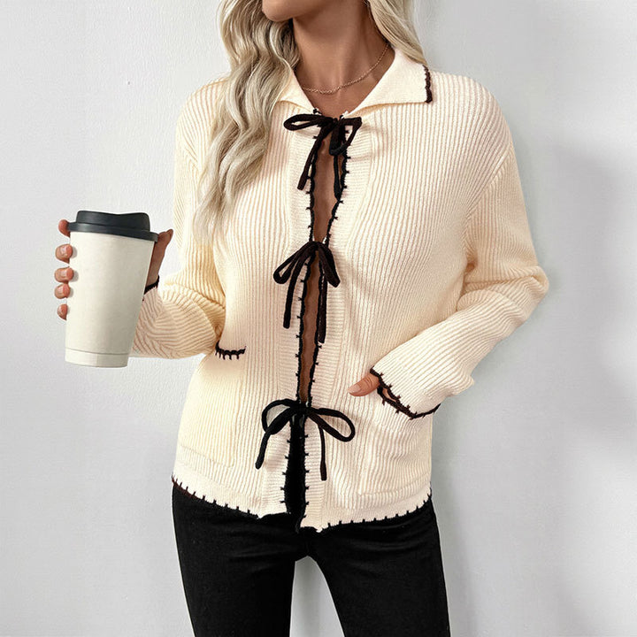 Damen elegante und modische Strickjacke mit dekorativem Bindeband Drune