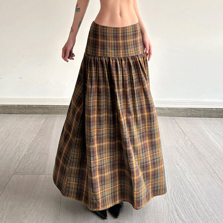 Damen Karierter Midirock mit hohem Taillenbund und voluminösem Schnitt Drune