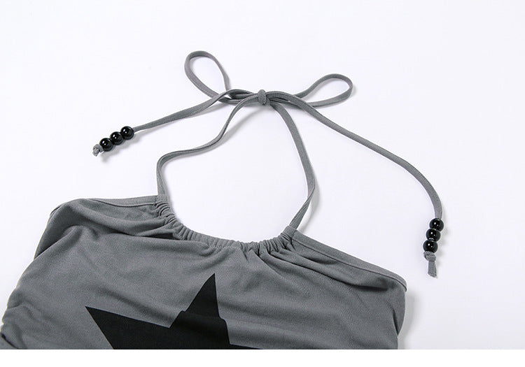 Damen trendiges Crop-Top mit Bindebändern und Sternenmotiv Drune