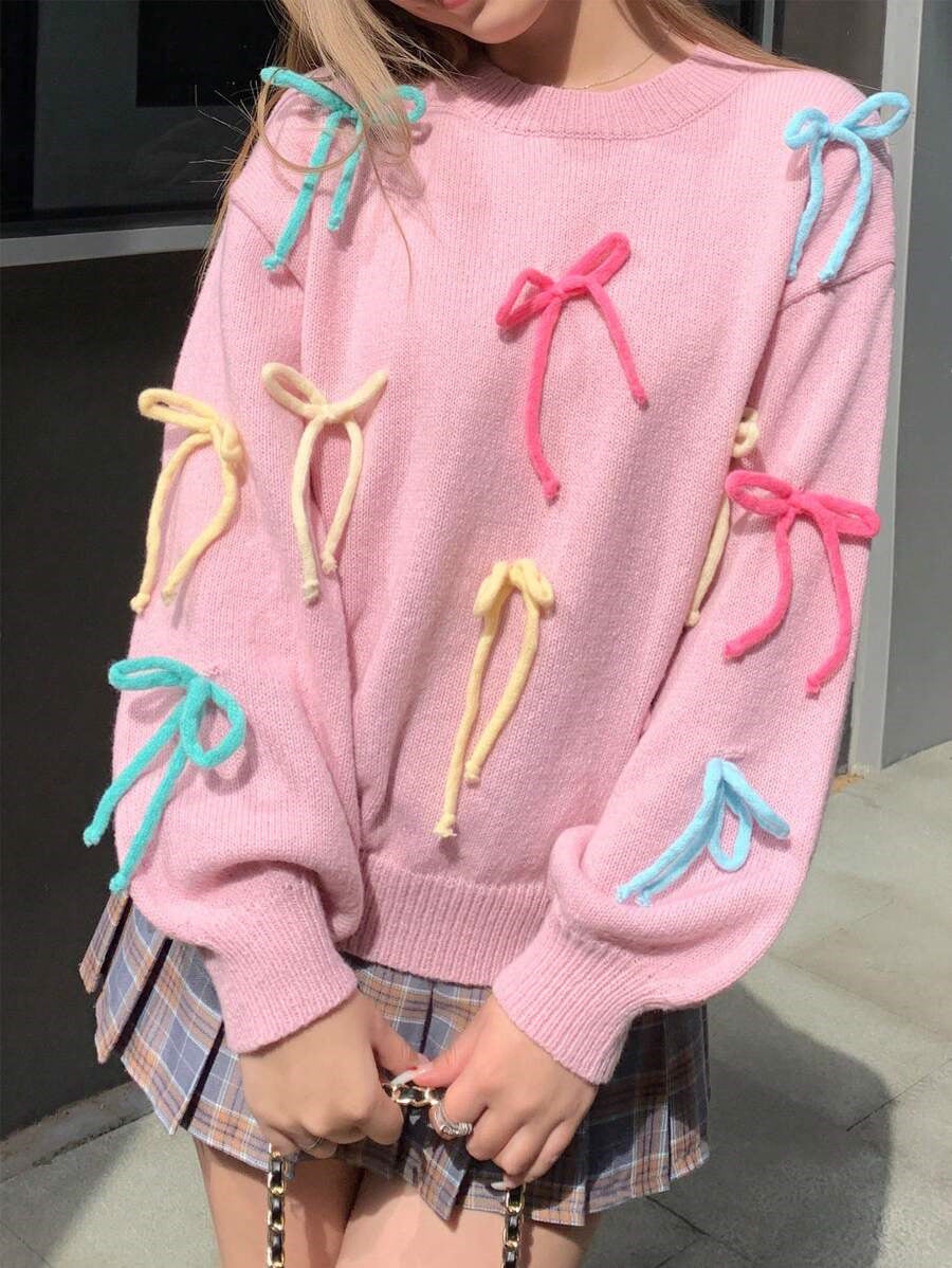 Damen kreative Strickpullover mit bunten Applikationen Drune