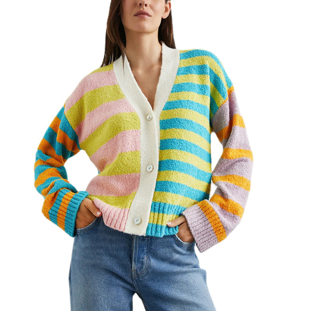 Damen Gemusterte Strickjacke mit farbenfrohem Streifenmuster und Knopfdetails Drune