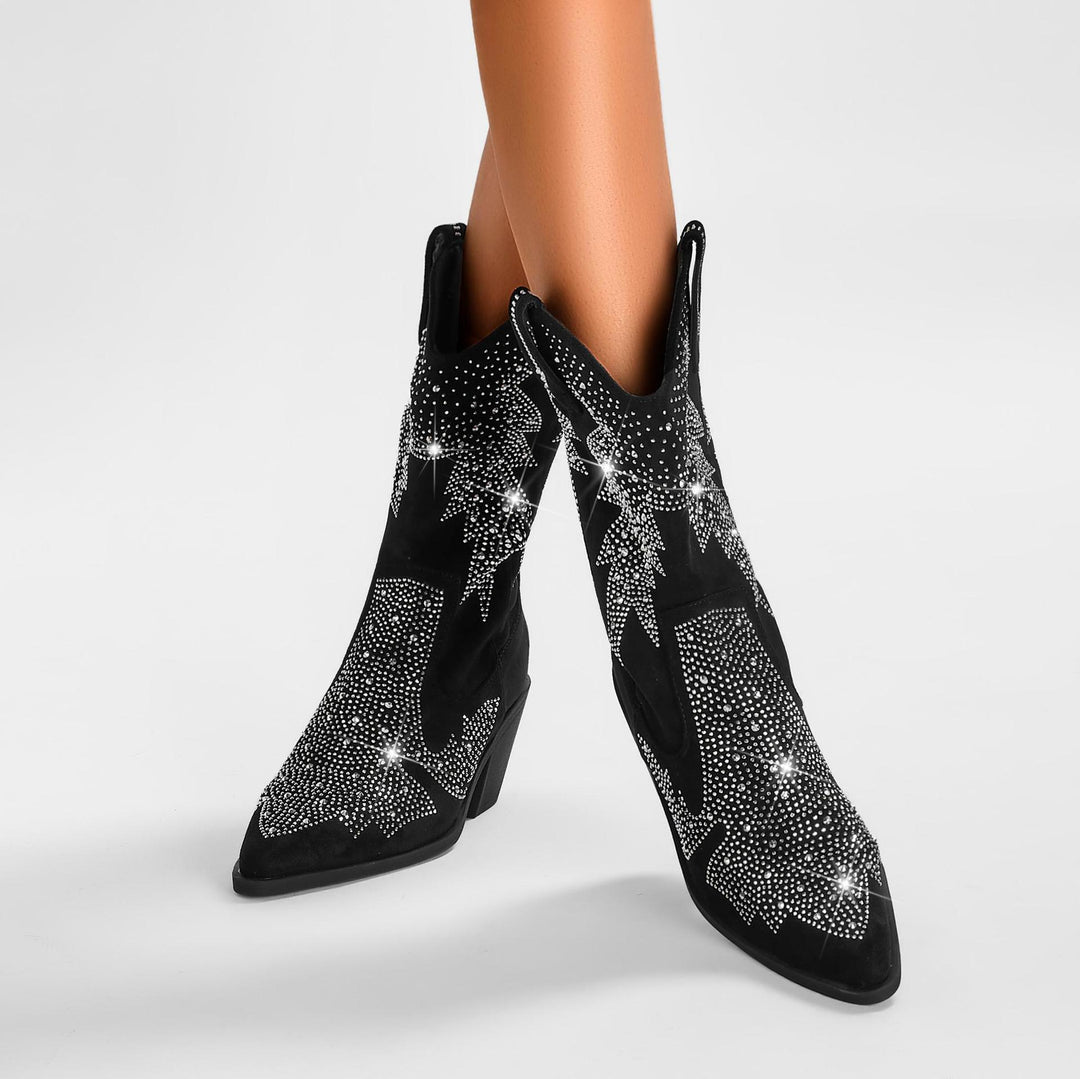 Damen Glänzende Strass-besetzte Western Cowboy-Stiefel Drune