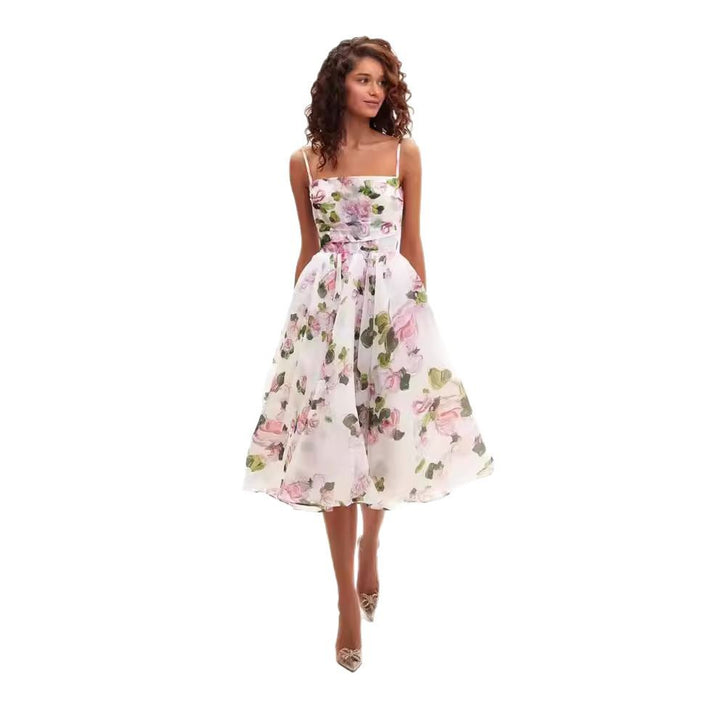 Damen Midi-Kleid mit floralem Chiffon und elegantem Taillengürtel Drune