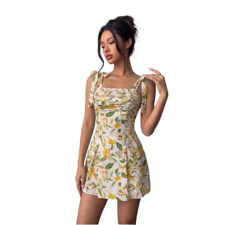 Damen Minikleid mit ärmellosen Bindeschultern und floralem Design Drune
