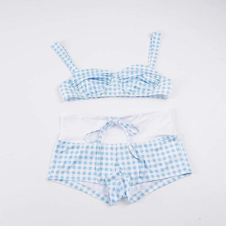 Damen Bademode-Set mit kariertem Oberteil und hohen Bundshorts Drune