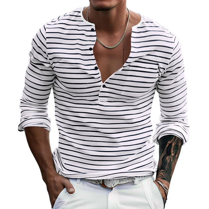 Herren Langarm-Henley-Shirt mit modischen Streifen und praktischen Knöpfen Drune