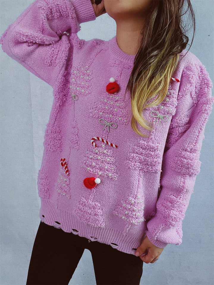 Damen festlicher Pullover mit kreativen Weihnachtsmotiven und strukturiertem Design Drune