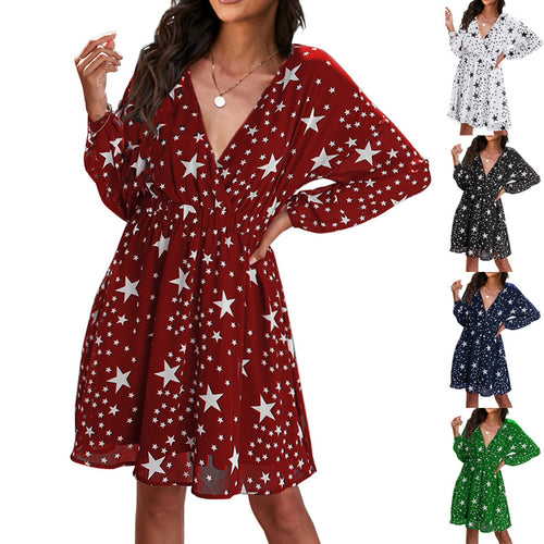 Damen Kleid mit tiefem V-Ausschnitt und modischem Sternenmuster Drune