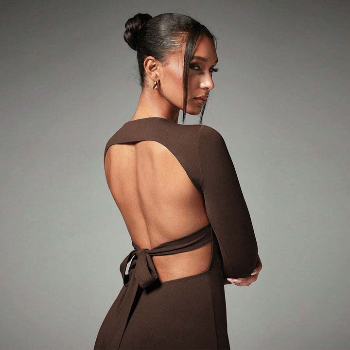 Damen elegantes Maxikleid mit langem Arm und seitlichem Schlitz Drune