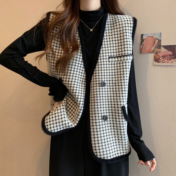 Damen Elegante Strickweste mit Karomuster und praktischem Taschendesign Drune