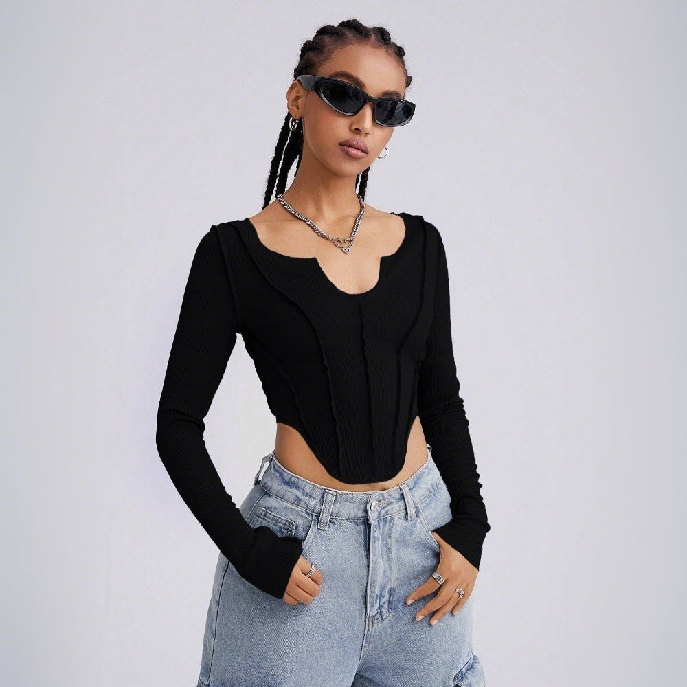 Damen Langarm-Bodysuit mit tiefem V-Ausschnitt und raffinierten Cut-Out-Details Drune