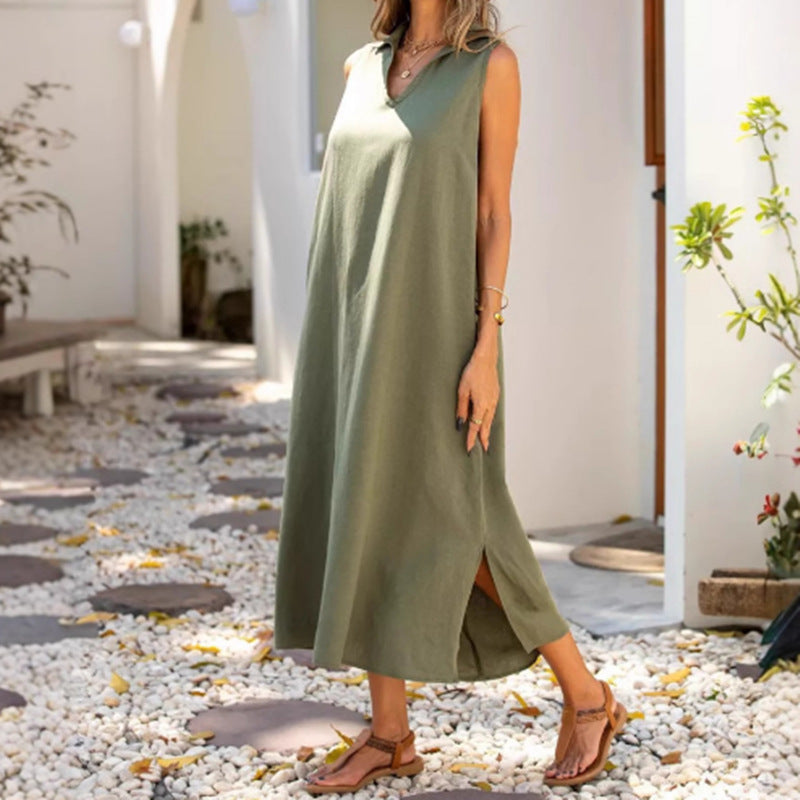 Damen ärmelloses Maxikleid mit tiefem V-Ausschnitt und seitlichen Schlitzen Drune