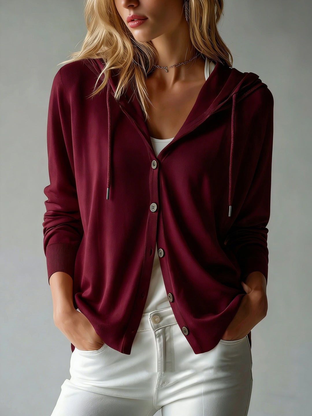 Damen nan leichter Kapuzen-Cardigan mit Knopfleiste und Tunnelzug Drune