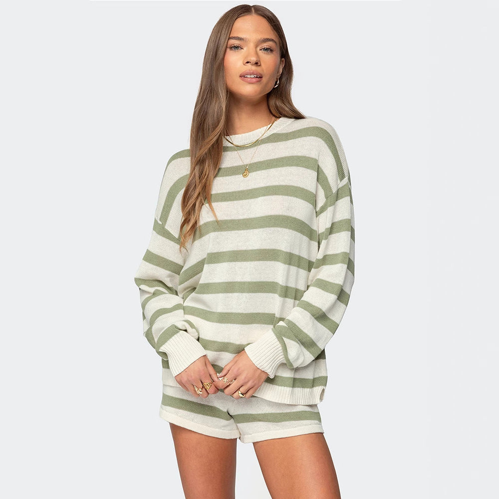 Damen nan gestreiftes Strick-Loungewear-Set mit weitem Pullover und Tunnelzug-Shorts Drune