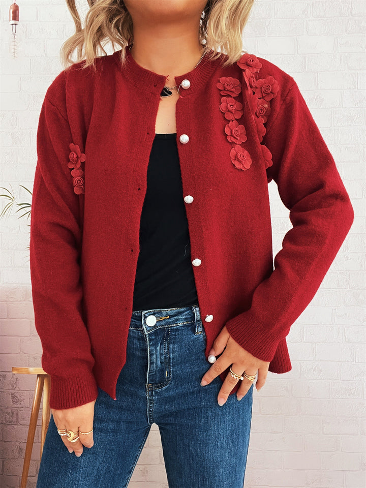 Damen Strickjacke mit floralem Design und eleganten Perlenknöpfen Drune