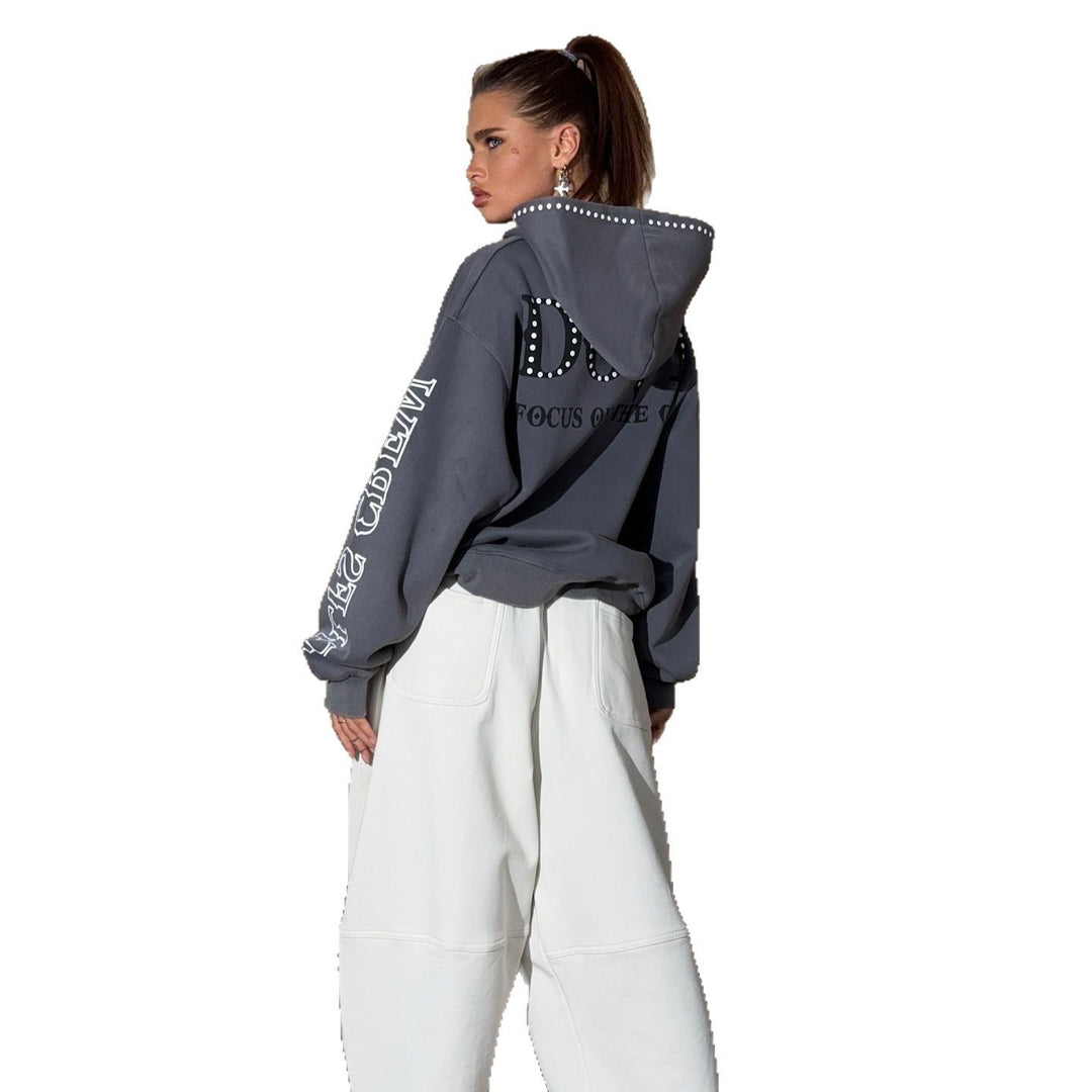 Damen Oversized Hoodie mit auffälliger Steine-Verzierung und kreativen Ärmeldrucken Drune